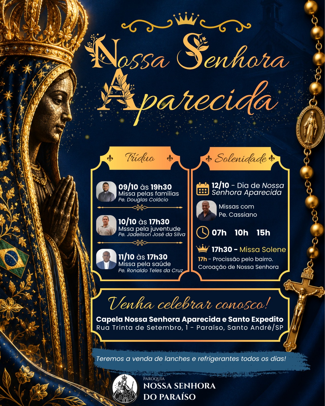 Cartaz: Tríduo e Solenidade de Nossa Senhora Aparecida, de 9 a 12 de outubro, na Capela Nossa Senhora Aparecida e Santo Expedito.