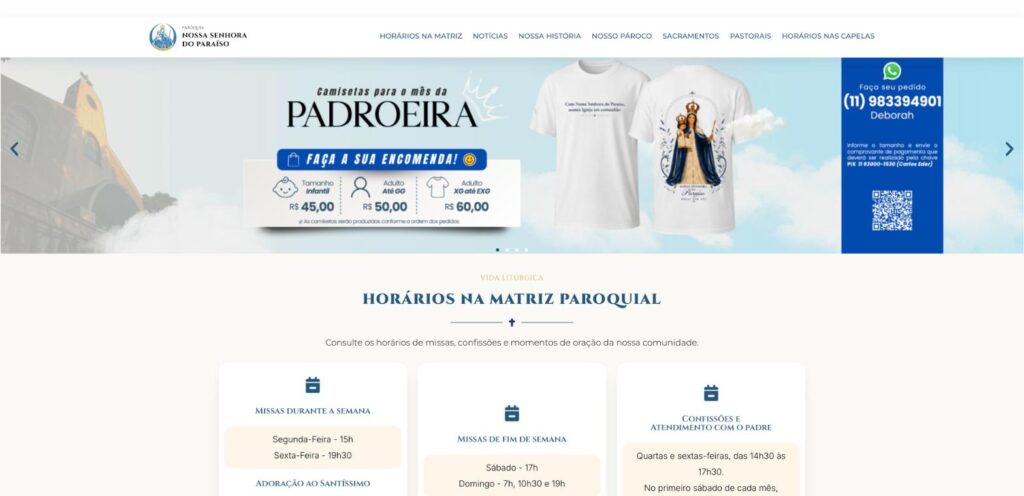 Página inicial do novo site da Paróquia Nossa Senhora do Paraíso